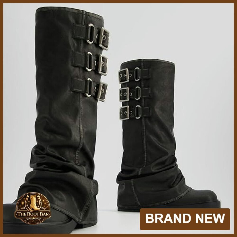 Women's Knee High Boots Slouchy Pull On Chunky Heel Platform Casual - Picture 6 of 7